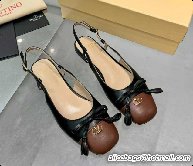 Classic Hot Valentino VALET DU ROI Slingbacks Flat in Calfskin Leather with Tassel Bow Black/Brown 1215042