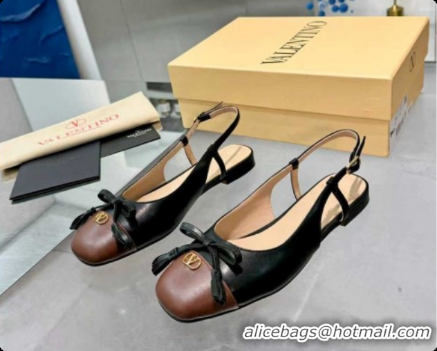 Classic Hot Valentino VALET DU ROI Slingbacks Flat in Calfskin Leather with Tassel Bow Black/Brown 1215042
