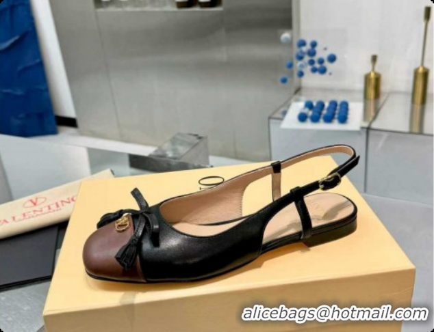 Classic Hot Valentino VALET DU ROI Slingbacks Flat in Calfskin Leather with Tassel Bow Black/Brown 1215042