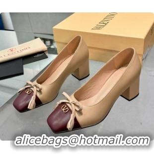 Sophisticated Valentino VALET DU ROI Pumps 6cm in Calfskin Leather with Tassel Bow Beige/Dark Burgundy 1215043