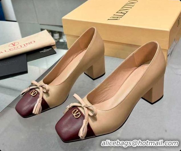 Sophisticated Valentino VALET DU ROI Pumps 6cm in Calfskin Leather with Tassel Bow Beige/Dark Burgundy 1215043