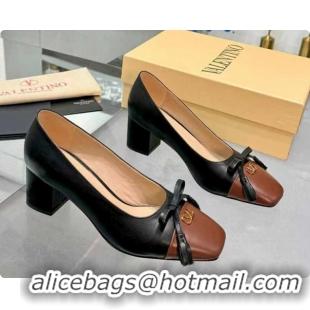 Good Product Valentino VALET DU ROI Pumps 6cm in Calfskin Leather with Tassel Bow Black/Brown 1215044