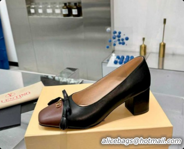 Good Product Valentino VALET DU ROI Pumps 6cm in Calfskin Leather with Tassel Bow Black/Brown 1215044