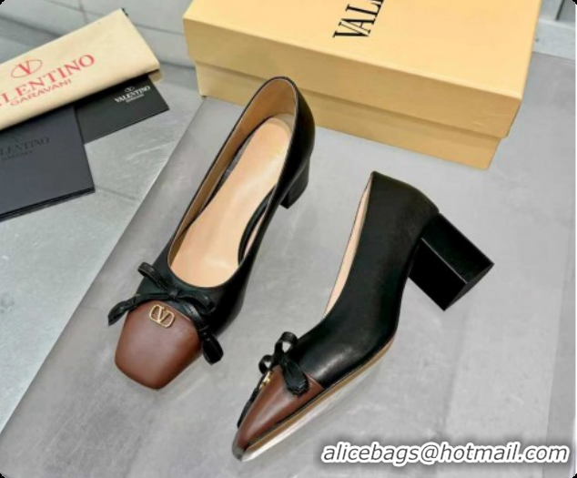 Good Product Valentino VALET DU ROI Pumps 6cm in Calfskin Leather with Tassel Bow Black/Brown 1215044