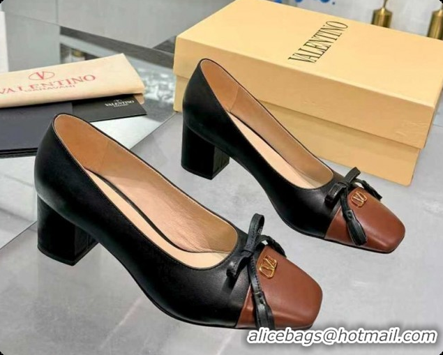 Good Product Valentino VALET DU ROI Pumps 6cm in Calfskin Leather with Tassel Bow Black/Brown 1215044