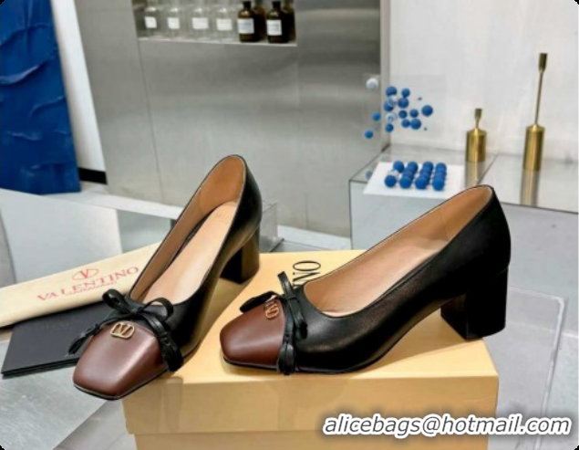 Good Product Valentino VALET DU ROI Pumps 6cm in Calfskin Leather with Tassel Bow Black/Brown 1215044