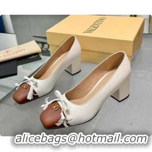 Cheap Price Valentino VALET DU ROI Pumps 6cm in Calfskin Leather with Tassel Bow White/Brown 1215045