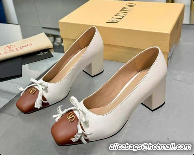 Cheap Price Valentino VALET DU ROI Pumps 6cm in Calfskin Leather with Tassel Bow White/Brown 1215045