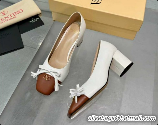 Cheap Price Valentino VALET DU ROI Pumps 6cm in Calfskin Leather with Tassel Bow White/Brown 1215045
