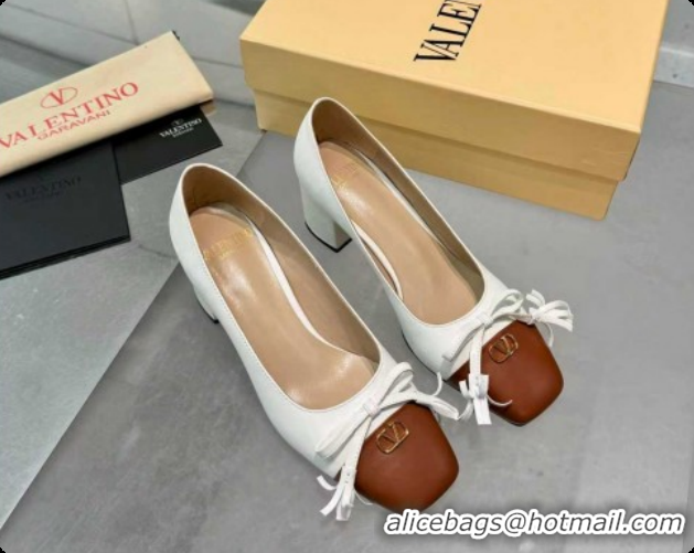 Cheap Price Valentino VALET DU ROI Pumps 6cm in Calfskin Leather with Tassel Bow White/Brown 1215045