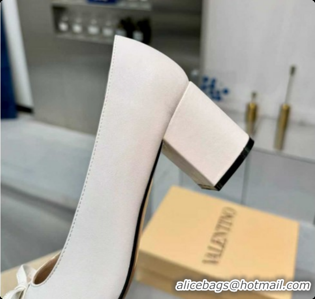 Cheap Price Valentino VALET DU ROI Pumps 6cm in Calfskin Leather with Tassel Bow White/Brown 1215045