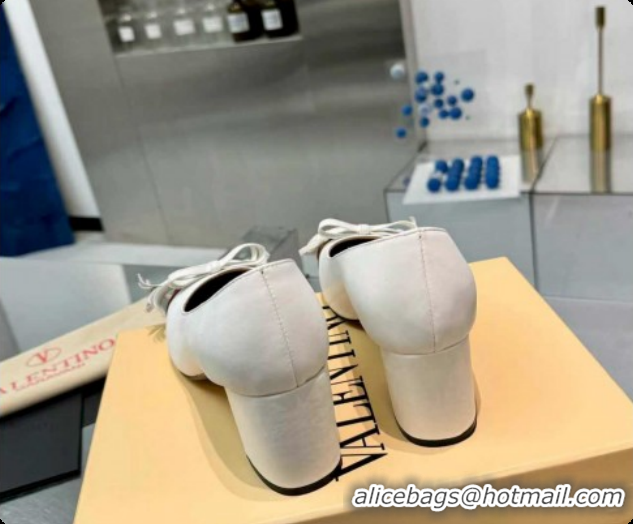 Cheap Price Valentino VALET DU ROI Pumps 6cm in Calfskin Leather with Tassel Bow White/Brown 1215045