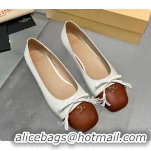 Duplicate Valentino VALET DU ROI Ballerinas Flat in Calfskin Leather with Tassel Bow White/Brown 1215046
