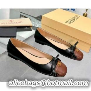 Stylish Valentino VALET DU ROI Ballerinas Flat in Calfskin Leather with Tassel Bow Black/Brown 1215048