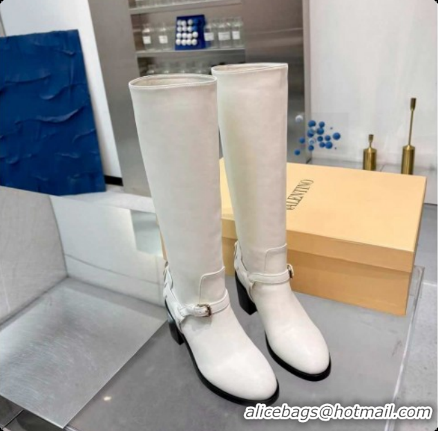 1:1 aaaaa Valentino VLogo Signature Strap Heel High Boots 7cm in Calfskin Leather White VLTN121502 1215049