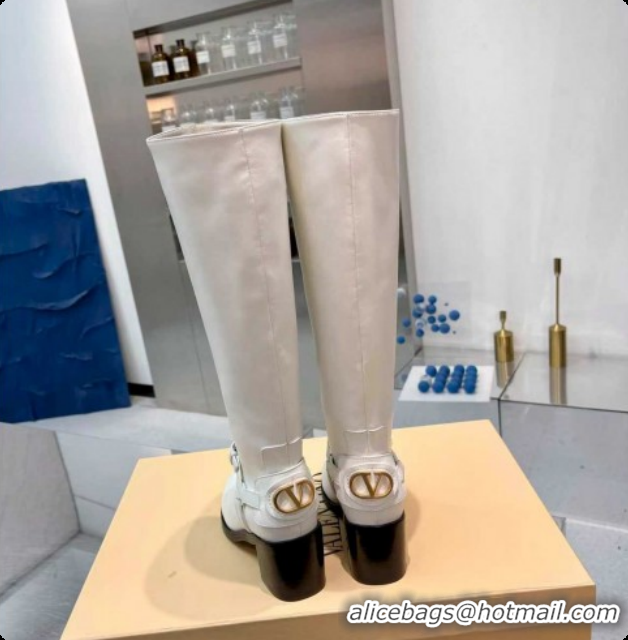 1:1 aaaaa Valentino VLogo Signature Strap Heel High Boots 7cm in Calfskin Leather White VLTN121502 1215049