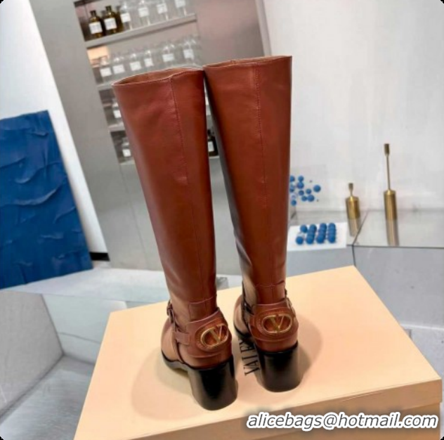 Unique Style Valentino VLogo Signature Strap Heel High Boots 7cm in Calfskin Leather Tan Brown VLTN121502 1215050