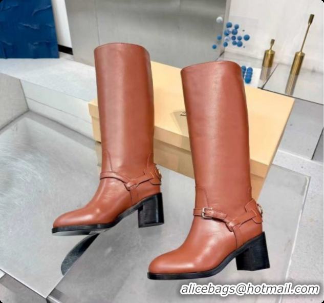 Unique Style Valentino VLogo Signature Strap Heel High Boots 7cm in Calfskin Leather Tan Brown VLTN121502 1215050