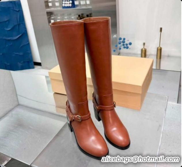 Unique Style Valentino VLogo Signature Strap Heel High Boots 7cm in Calfskin Leather Tan Brown VLTN121502 1215050