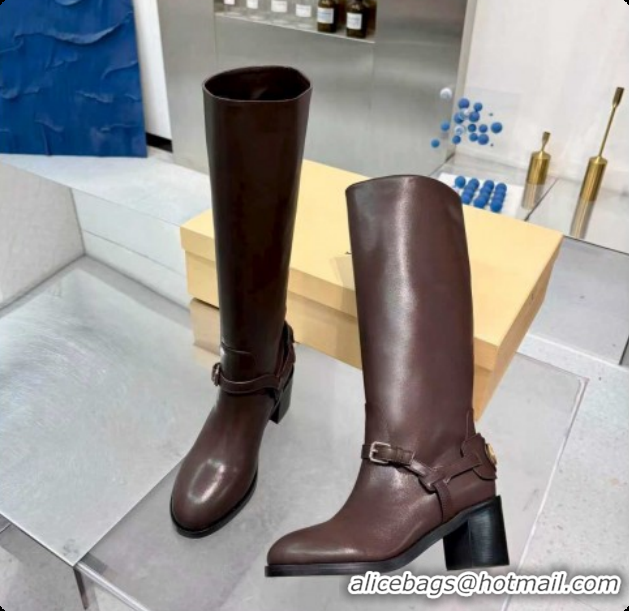 Best Grade Valentino VLogo Signature Strap Heel High Boots 7cm in Calfskin Leather Dark Brown 2025 VLTN121502 1215052