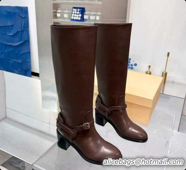 Best Grade Valentino VLogo Signature Strap Heel High Boots 7cm in Calfskin Leather Dark Brown 2025 VLTN121502 1215052