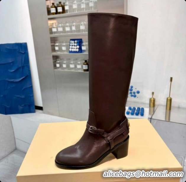 Best Grade Valentino VLogo Signature Strap Heel High Boots 7cm in Calfskin Leather Dark Brown 2025 VLTN121502 1215052