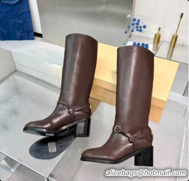 Best Grade Valentino VLogo Signature Strap Heel High Boots 7cm in Calfskin Leather Dark Brown 2025 VLTN121502 1215052