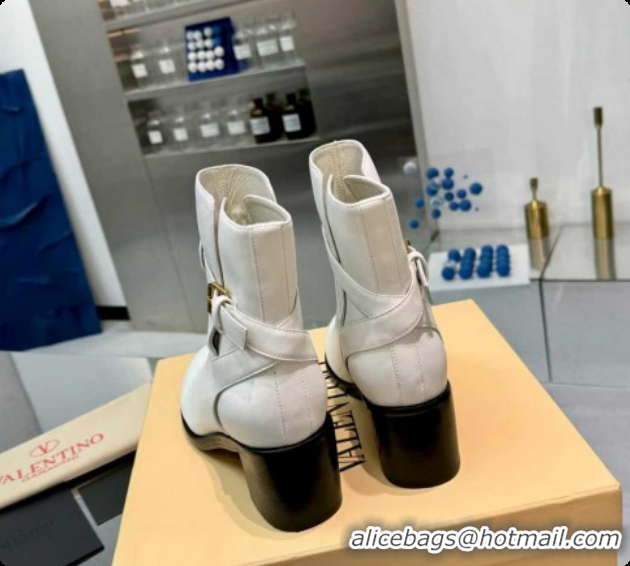 Best Product Valentino VLogo Signature Strap Heel Ankle Boots 7cm in Calfskin Leather White VLTN121502 1215053