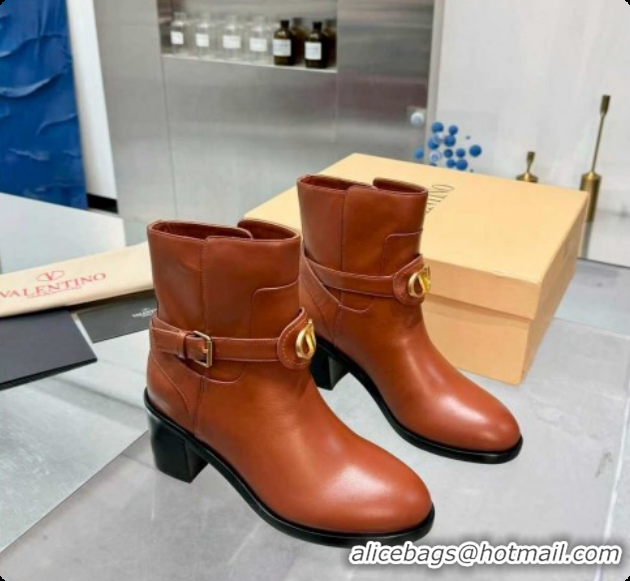 Shop Duplicate Valentino VLogo Signature Strap Heel Ankle Boots 7cm in Calfskin Leather Tan Brown VLTN121502 1215054