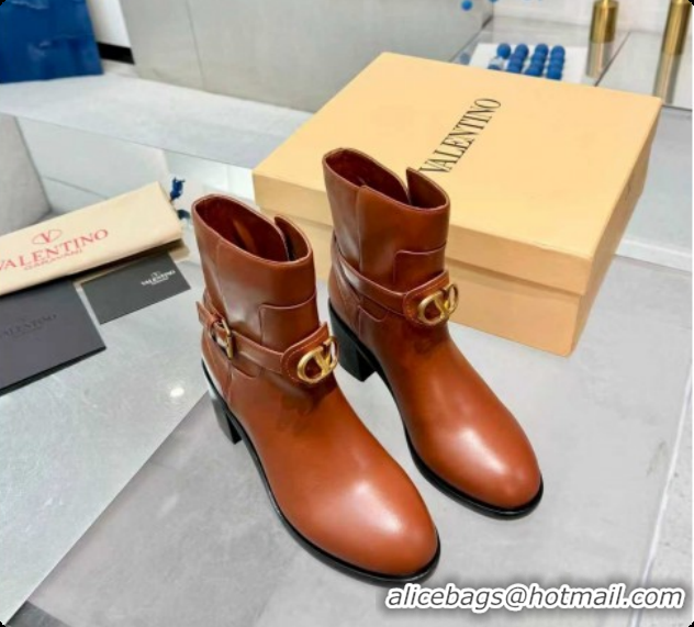 Shop Duplicate Valentino VLogo Signature Strap Heel Ankle Boots 7cm in Calfskin Leather Tan Brown VLTN121502 1215054