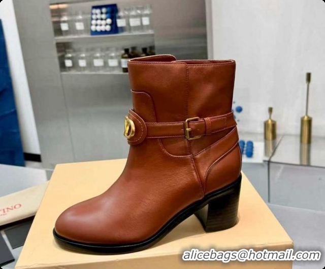 Shop Duplicate Valentino VLogo Signature Strap Heel Ankle Boots 7cm in Calfskin Leather Tan Brown VLTN121502 1215054