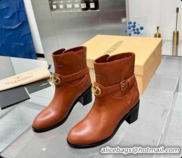 Shop Duplicate Valentino VLogo Signature Strap Heel Ankle Boots 7cm in Calfskin Leather Tan Brown VLTN121502 1215054