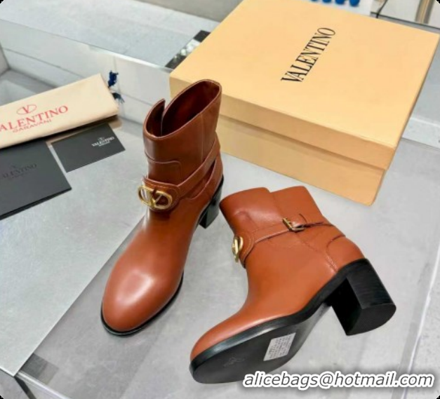 Shop Duplicate Valentino VLogo Signature Strap Heel Ankle Boots 7cm in Calfskin Leather Tan Brown VLTN121502 1215054