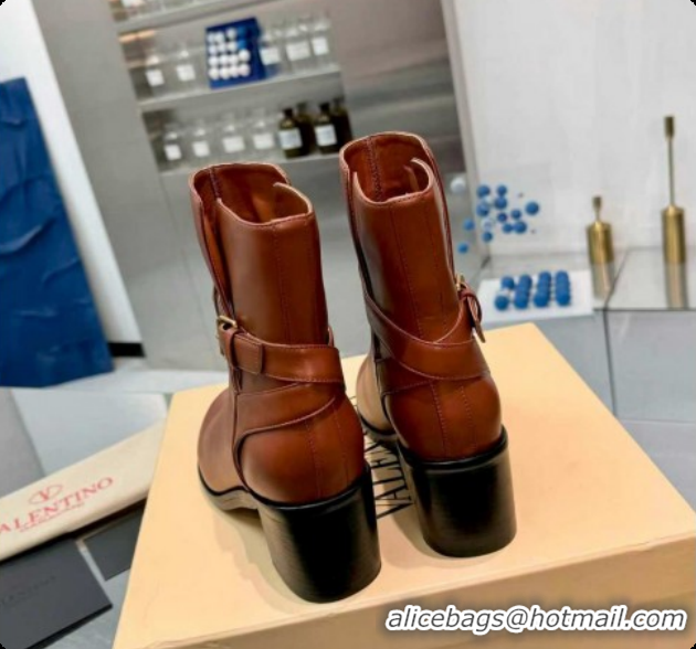 Shop Duplicate Valentino VLogo Signature Strap Heel Ankle Boots 7cm in Calfskin Leather Tan Brown VLTN121502 1215054