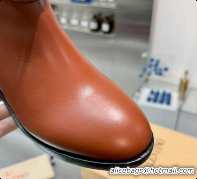 Shop Duplicate Valentino VLogo Signature Strap Heel Ankle Boots 7cm in Calfskin Leather Tan Brown VLTN121502 1215054