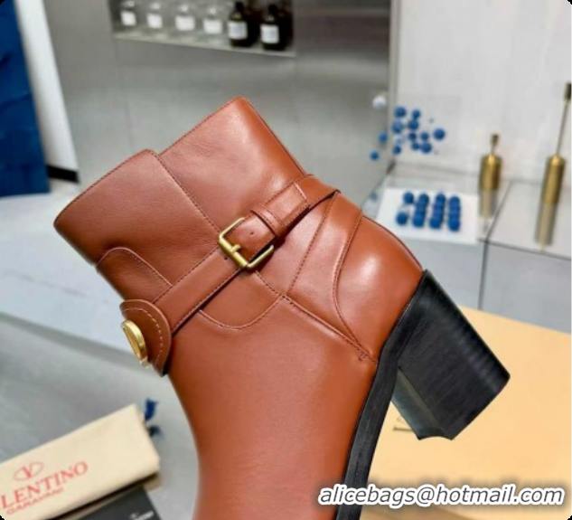Shop Duplicate Valentino VLogo Signature Strap Heel Ankle Boots 7cm in Calfskin Leather Tan Brown VLTN121502 1215054