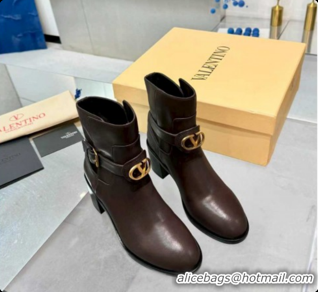 Low Price Valentino VLogo Signature Strap Heel Ankle Boots 7cm in Calfskin Leather Dark Brown VLTN121502 51215055
