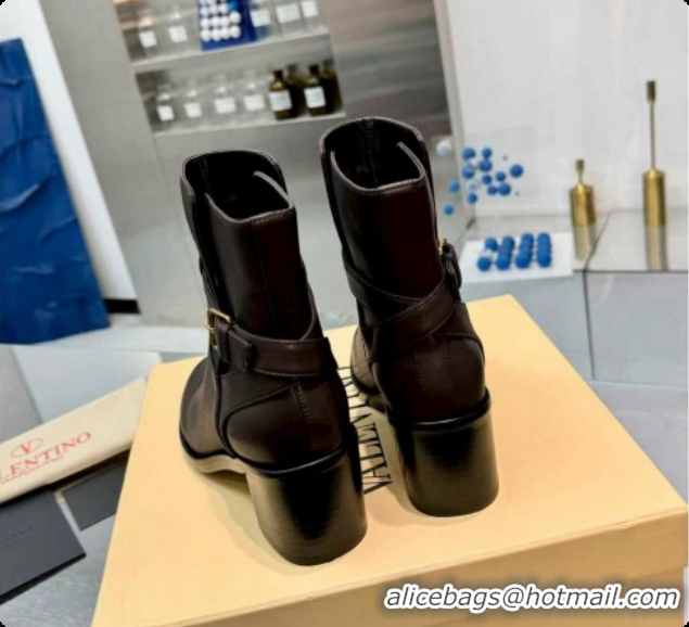 Low Price Valentino VLogo Signature Strap Heel Ankle Boots 7cm in Calfskin Leather Dark Brown VLTN121502 51215055