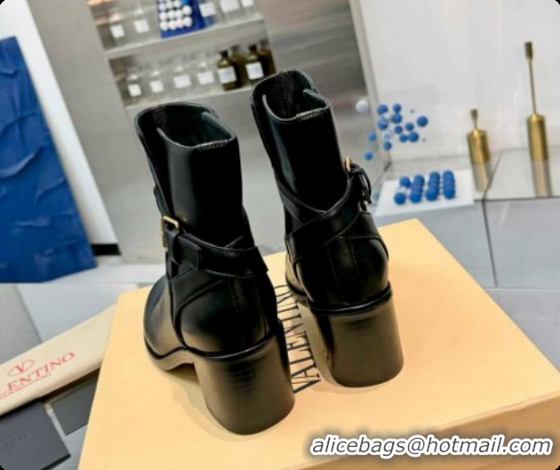 Pretty Style Valentino VLogo Signature Strap Heel Ankle Boots 7cm in Calfskin Leather Black VLTN121502 1215056