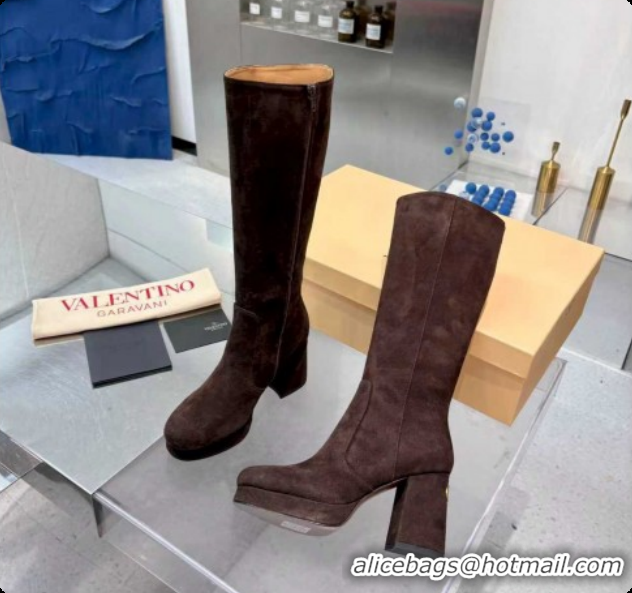 Popular Style Valentino FAWCETTE Platform High Boots 10cm in Suede Brown 1215057