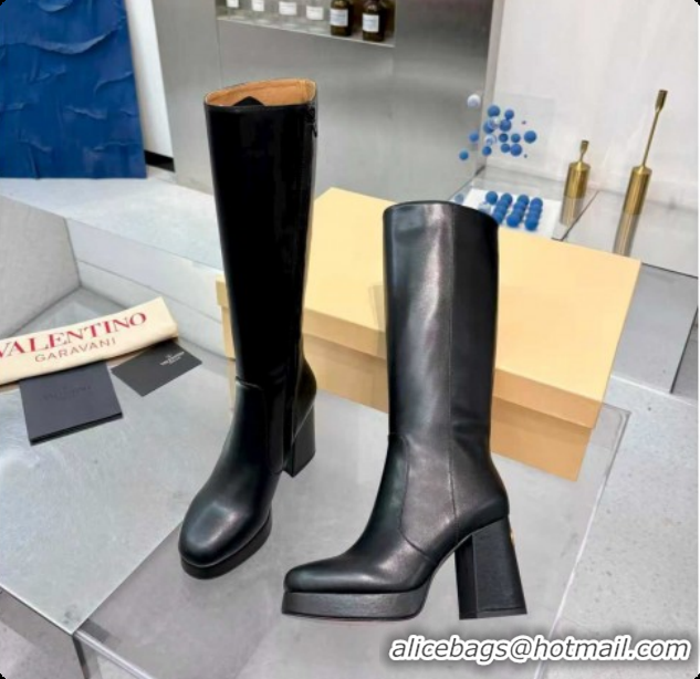 Trendy Design Valentino FAWCETTE Platform High Boots 10cm in Calfskin Leather Black 1215060