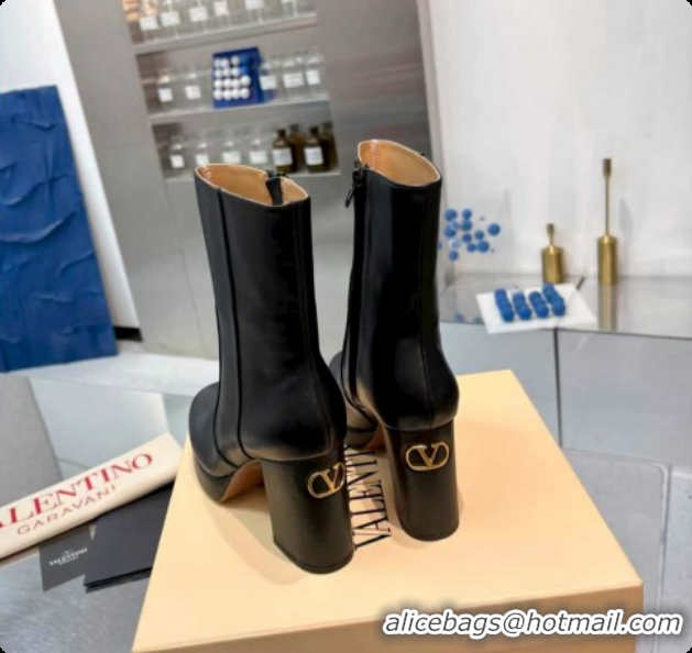 Hot Style Valentino FAWCETTE Platform Ankle Boots 10cm in Calfskin Leather Black 1215062