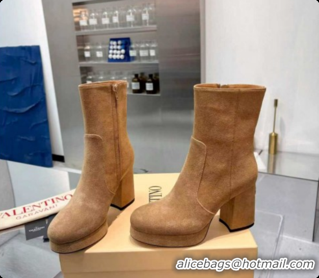 Luxury Valentino FAWCETTE Platform Ankle Boots 10cm in Suede Beige 1215066