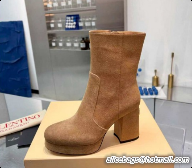 Luxury Valentino FAWCETTE Platform Ankle Boots 10cm in Suede Beige 1215066