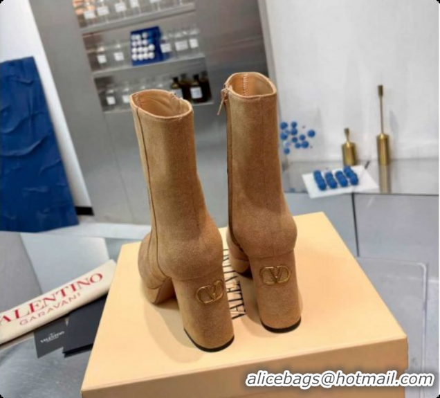 Luxury Valentino FAWCETTE Platform Ankle Boots 10cm in Suede Beige 1215066