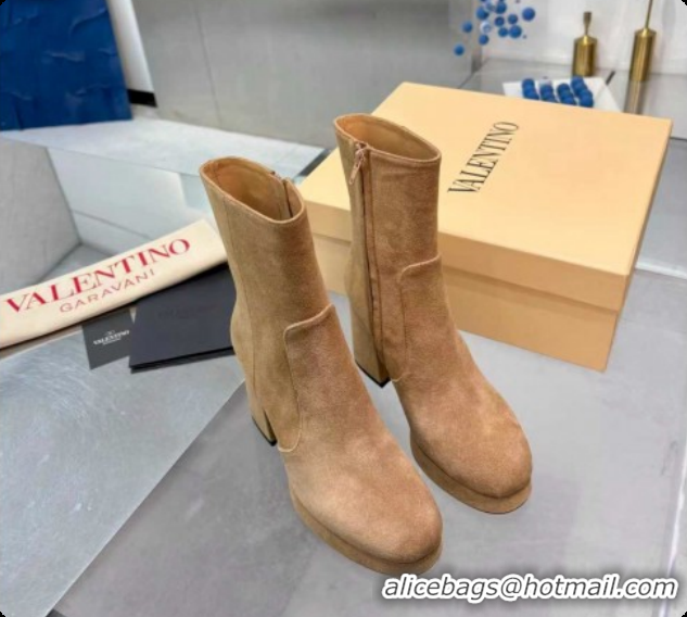 Luxury Valentino FAWCETTE Platform Ankle Boots 10cm in Suede Beige 1215066