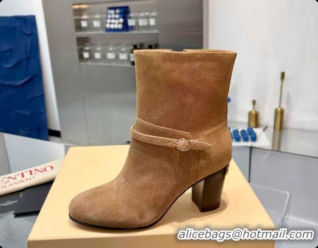 Top Design Valentino PATTIE Heel Booties 8cm in Suede with Buckle Beige 1215067