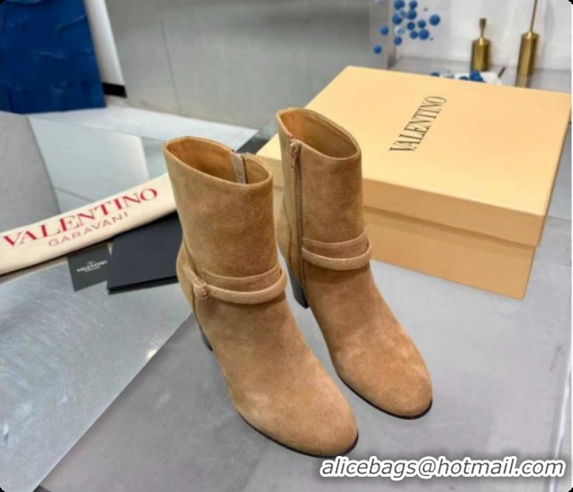 Top Design Valentino PATTIE Heel Booties 8cm in Suede with Buckle Beige 1215067