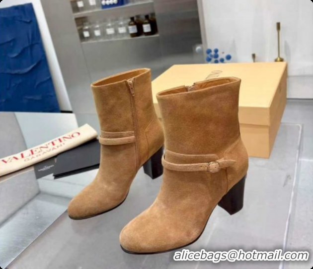 Top Design Valentino PATTIE Heel Booties 8cm in Suede with Buckle Beige 1215067