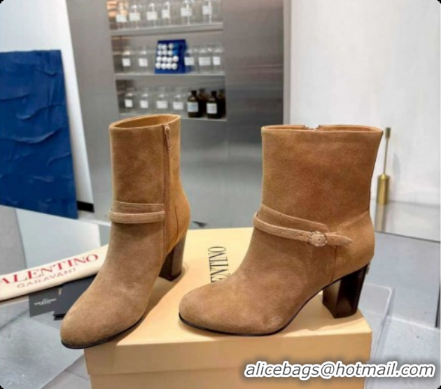 Top Design Valentino PATTIE Heel Booties 8cm in Suede with Buckle Beige 1215067